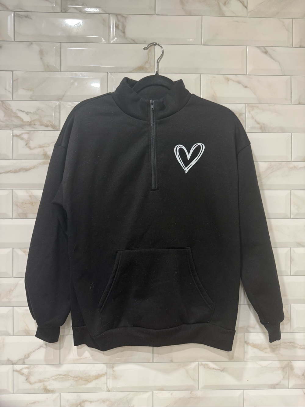 SHEIN Black Half-Zip Sweatshirt with White Heart
